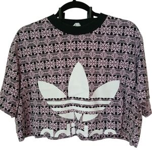 adidas Pink & Black Geometric Trefoil Crop Tee